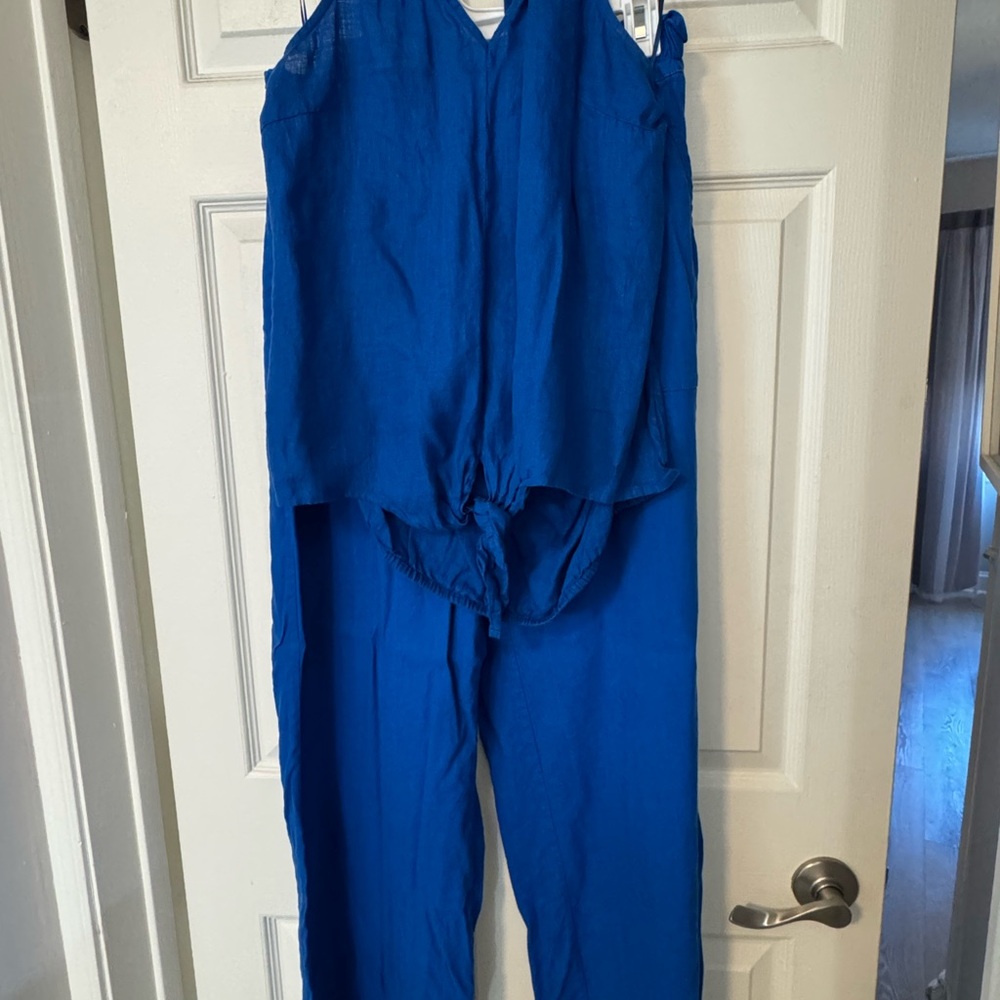INC International Concepts Blue Jumpsuit with V-Neck and Tie Waist
